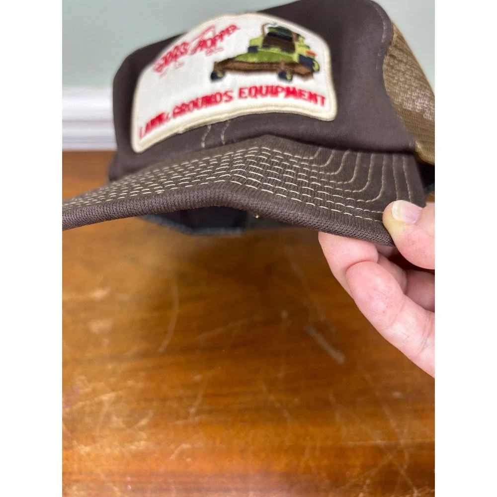 Vintage Grasshopper Lawn & Grounds Equipment Trucker Hat Brown Mesh Snapback Cap